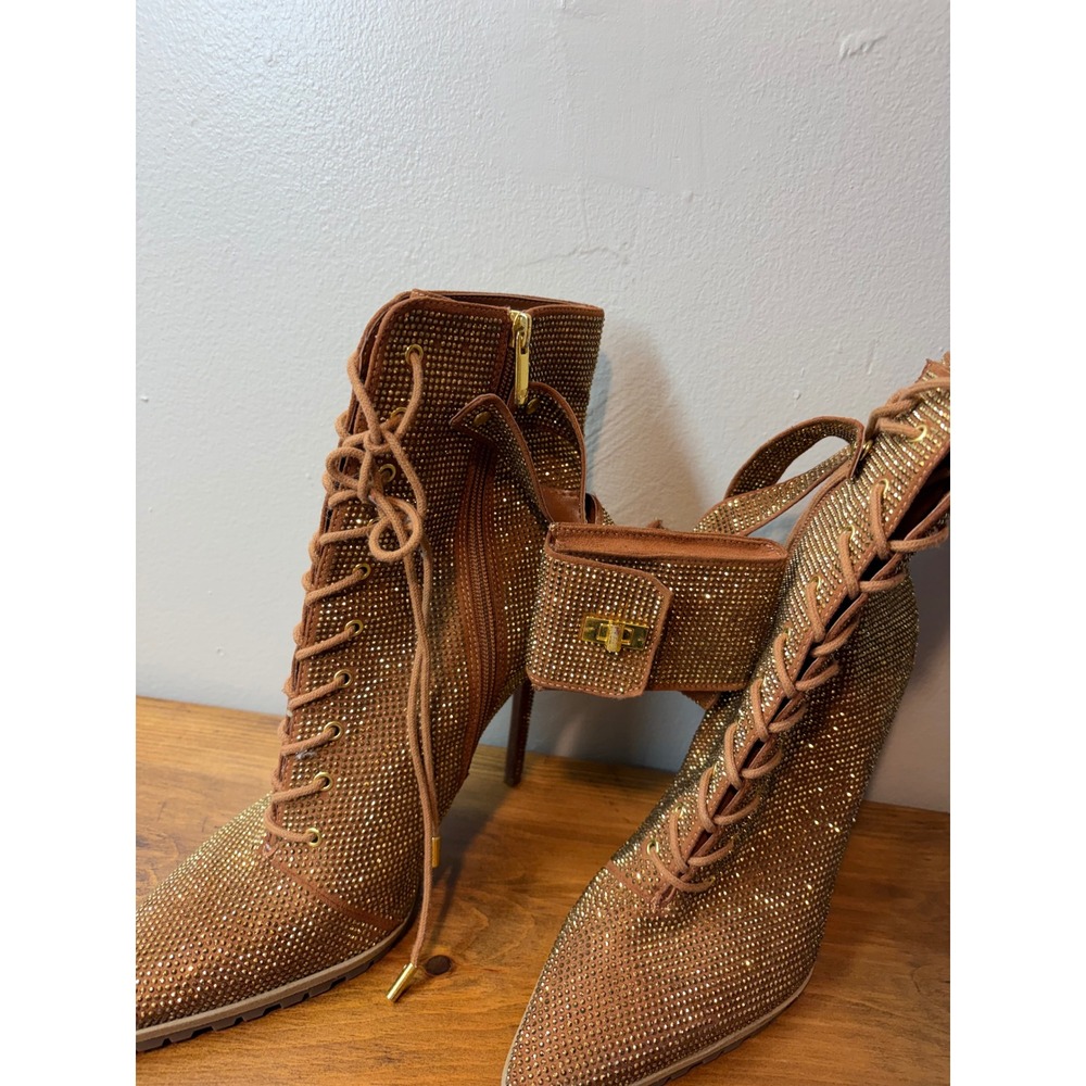 JLO Jennifer Lopez Jaylah2 Tan Rhinestone Pouch Ankle Boots Stiletto Lug Sole 11